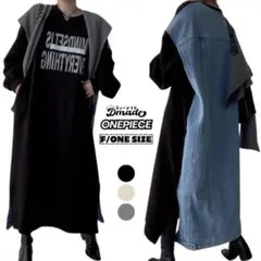 【新品・F/～3L4L5L】BACKデニム切替 ロング丈トレーナーワンピース