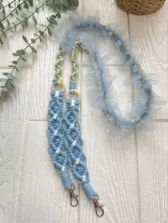 【値下げ】ドットチュールスマホショルダー☆水色×黄×白120cm ダイヤ編み