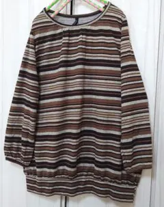 ボーダー チュニック ワンピ 長袖 M ブラウン系