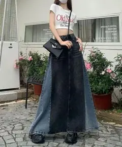 《新品未使用》デニムスカート L 切替え マキシ丈 ロングスカート フレア