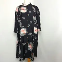 着物リメイク　銘仙の単衣の着物からスタンドカラーシャツワンピース（シャツコート）
