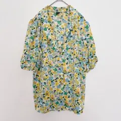 SHEIN 花柄 シャツ ブラウス オープンカラー パフスリーブ L 黄