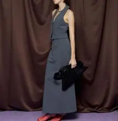 SewingTackMaxi Skirtスーチングホルターネックベストスカート黒のサムネイル
