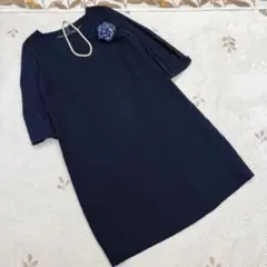 美品 15 袖 レース ネイビー フォーマル ワンピース セレモニー M 七分袖