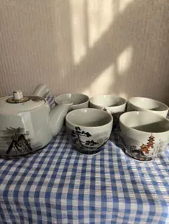九谷焼　急須　茶碗5個セット　風景画　昭和レトロ