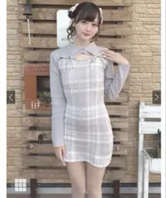 GRL チェック柄フロントオープンリボンニットミニワンピース