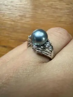 グレーパール　シルバーリング　ストーン付き　透かし　SILVER
