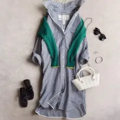 美品▲TICCA//コットンリネンWポケットロングシャツワンピース▲ストライプのサムネイル