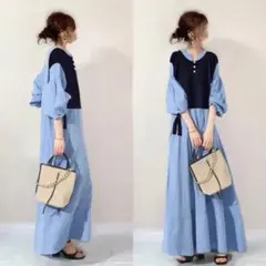 2L ロングワンピース 切り替え ｖネック ギャザー シャツワンピ　夏　b8