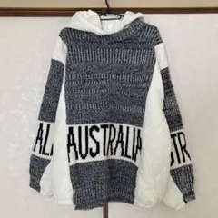 切り替え　ニット　トップス　パーカー　アウター　フード付き　グレー　ホワイト