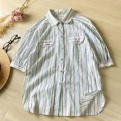 【Leilian】レリアン♡ストライプ シャツ 半袖 パフスリーブ スリット M