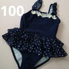 女の子用ワンピース水着 100cm ネイビー 水玉