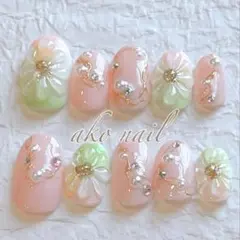 ぷっくりお花　ワンホンネイル　ニュアンス　ネイルチップ　推し活　成人式　結婚式