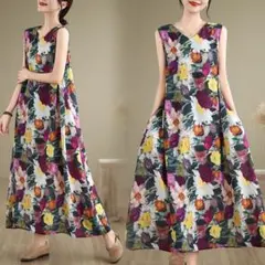 ロマンチック 花柄ワンピース Vネック デート ノースリーブ 体型をカバー