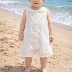 セーラーカラーが可愛い麻リネン ノースリーブロンパース クリーム色　h&m