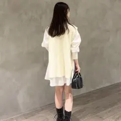 アイボリー リボン付きシャツ ニットベスト