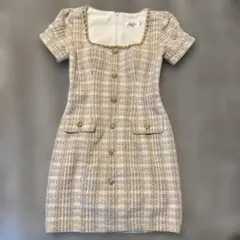 an キャバドレス　ツイード　ベージュ　半袖　ミニドレス　タイト　チェーン