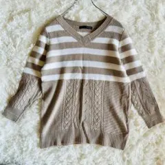 22 OCTOBRE Vネック 切り替えニット ボーダー ケーブル編み