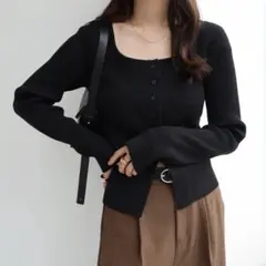 ボートネックリブニットカーディガントップス