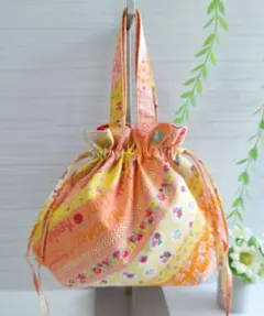 巾着トートバッグ オレンジ系 レトロポップ 松山敦子 サブバッグに