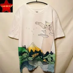 【KARAKU 片倉の茶園と猫の夢】半袖tシャツ 浮世絵風 白ホワイト XL