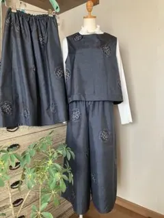 大島紬（絹）着物リメイク3点セット スカート、ベスト、ワイドパンツ