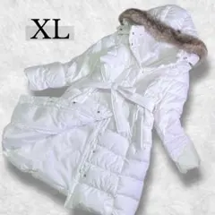 美品✨ユニクロ ロングダウンコート XL 大きいサイズ ベルト ファー ホワイト