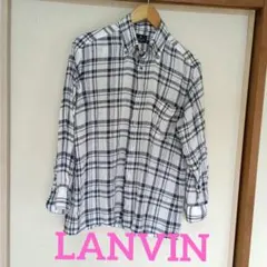 LANVIN COLLECTION ネイビーチェック柄 長袖リネンシャツ　Mのサムネイル