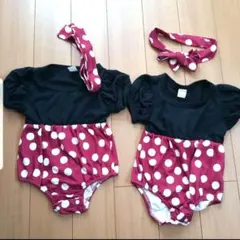 1度使用　ミニーちゃん　ミニーマウス風　ロンパース　半袖　2枚セット　リボン付き