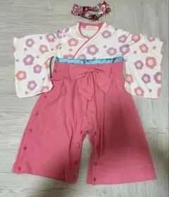 花柄着物風ベビー服 90cmヘアバンド付き