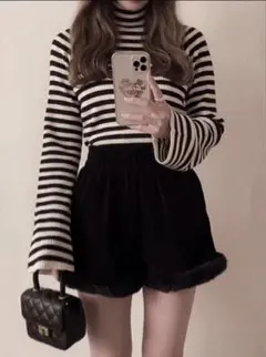 GRL ボーダー柄フレアスリーブリブニットトップス