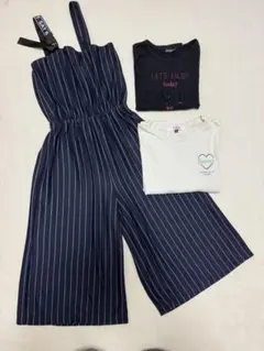 ネイビー ストライプ オールインワン 、長袖2枚
