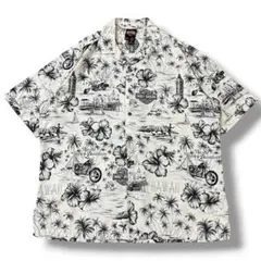 【00s】ハワイ製 ハーレーダビッドソン バイク 総柄 モノトーン アロハシャツのサムネイル