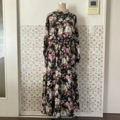 花柄 ロングワンピース 長袖 ウエストゴム M マキシ丈のサムネイル