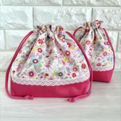 お弁当袋&コップ袋　ピンク　妖精　フラワー　メルヘン　巾着袋　給食袋　入園入学