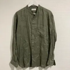 極美品　ユニクロ プレミアムリネンシャツ　長袖　バンドカラー　カーキ　サイズL