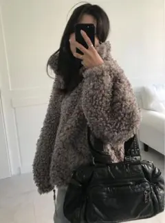 グレー ボアジャケット 襟付き ショート丈