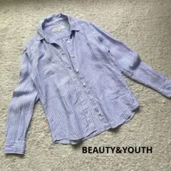 BEAUTY&YOUTH 長袖シャツ 麻100% リネン　水色　白　Sサイズ