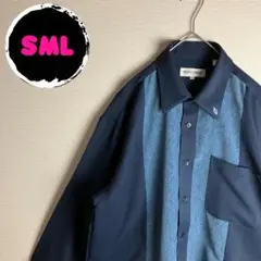 ☆長袖シャツ　バイカラー　古着　刺繍ロゴ　ゆるサイズ　青　ネイビー　同系色