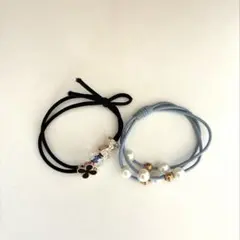 ヘアゴムセット 黒 水色 花 パール リボン キラキラ