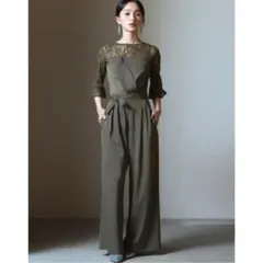 【DRESS+】　レースブラウス サロペット パンツドレス S ダークカーキ
