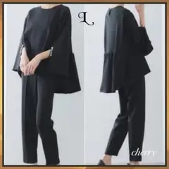 新品 フォーマル パンツスーツ L パールスリット 黒 ブラウス テーパード k