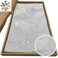 MO-3404 袋帯 流水 色紙に花模様 銀糸 乳白色