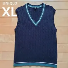 美品【XL】ユニクロ ネイビー Vネック コットンニットベスト　ケーブル編み