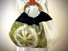 ハンドメイド　帯リメイク　グラニーバッグ　麻の葉　緑♪