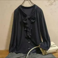 美品【グリーンレーベルリラクシング】ボウタイ ブラウス ネイビー