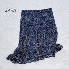 ザラ フレアスカート 膝丈 アシンメトリーツートーン 花柄 上品 ネイビー M