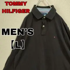 EE38【TOMMY HILFIGER】刺繍 長袖ポロシャツ 【L】ブラック
