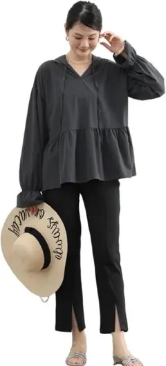 ラッシュガード レディース フード付き ダークグレー 上下セット