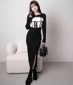 LIPSERVICE デコルテオープンバイカラーリボンニットワンピース